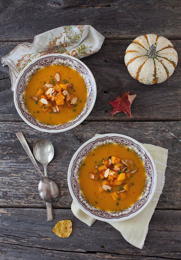Two Bowls of Roasted Butternut Squash Bisque with Almonds