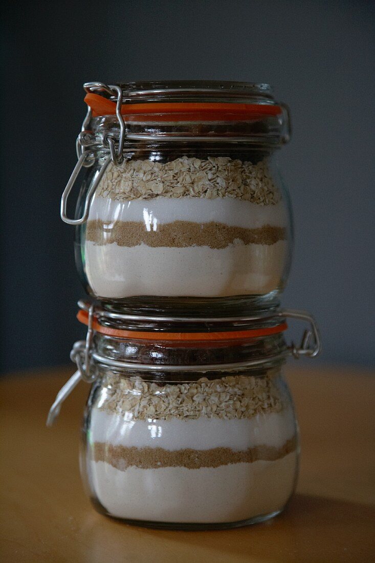 Oatmeal raisin cookie mix in preserving jars