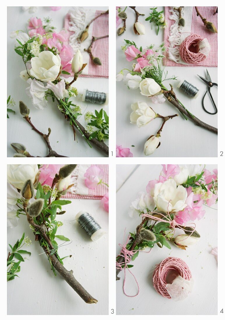 Hand-tying a garland of sweet peas, chervil, spirea and magnolia