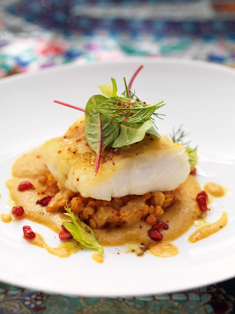 Hake on a biryani and lenitl sauce with pomegranate seeds