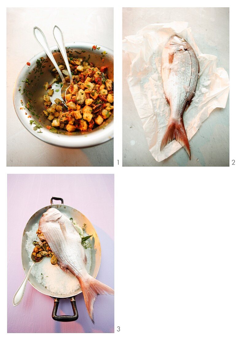 Preparing stuffed fish in a salt crust