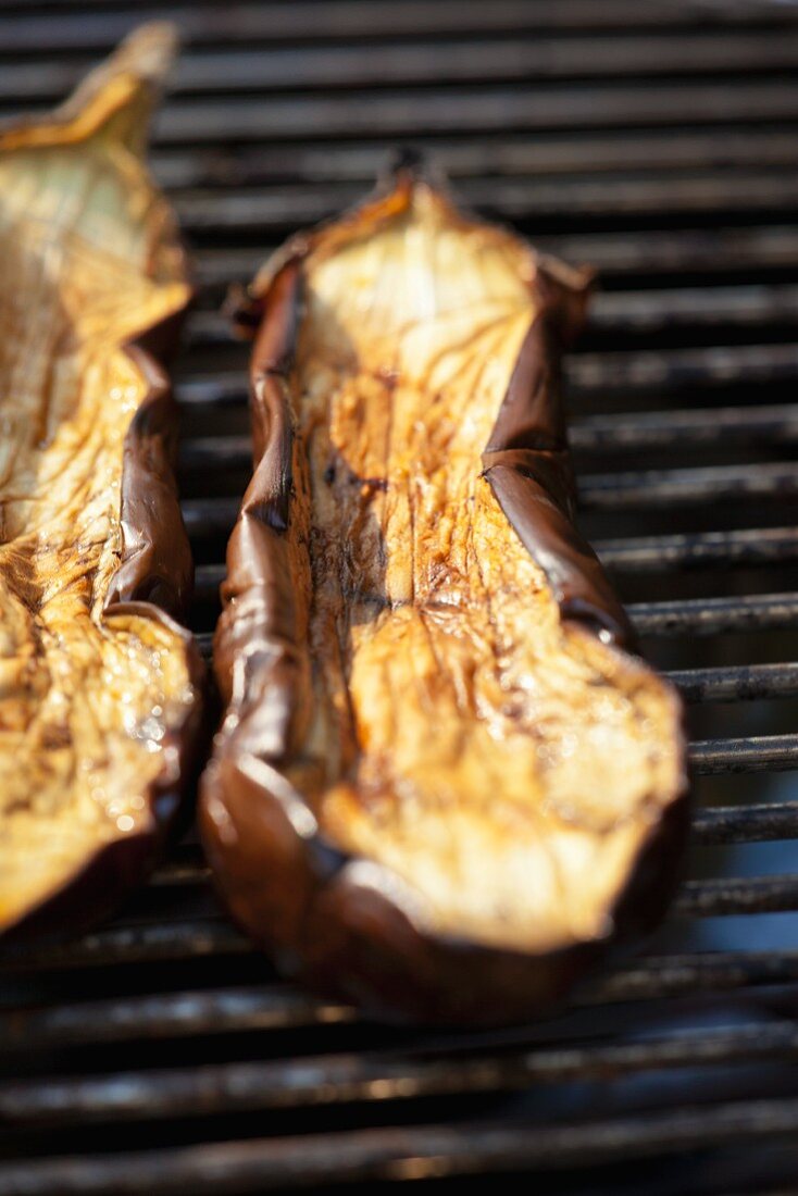 Slices of aubergine on the barbecue