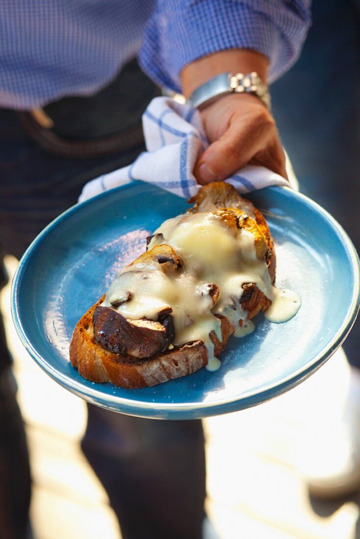 A slice of bread topped with grilled mushrooms and cheese