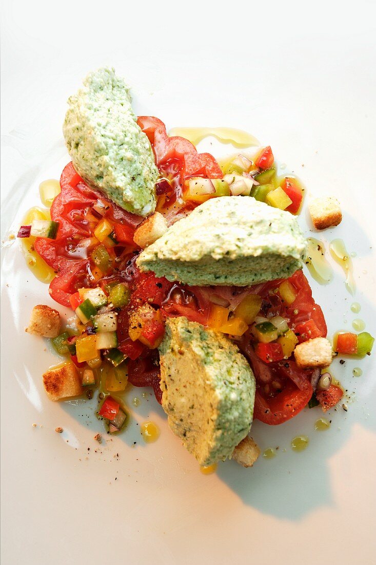 Tomato salad with herb cream cheese