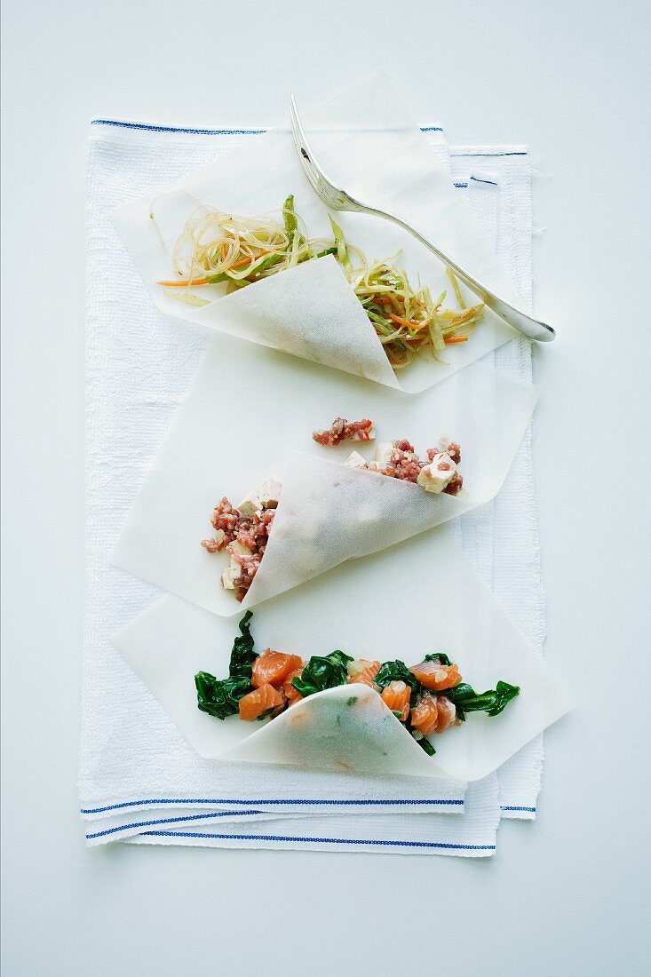 Prepared spring rolls with various fillings