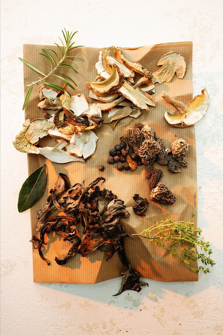 Ingredients for a marinade with mushrooms and herbs