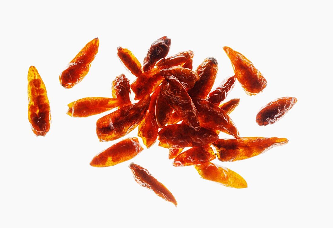 Dried chilli peppers, seen from above