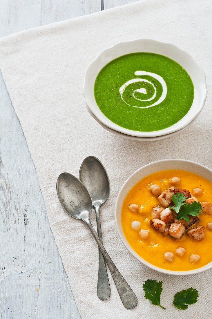 Spinach soup and squash & chickpea soup with chicken croutons