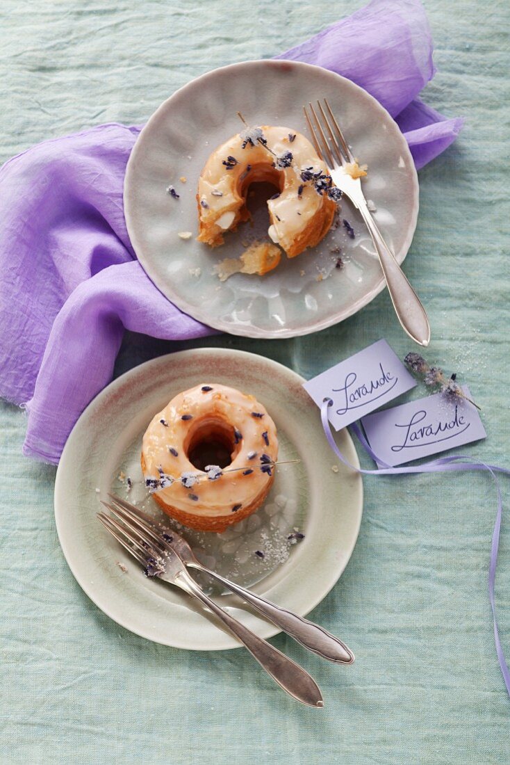 Lavender doughnuts with lavender flowers