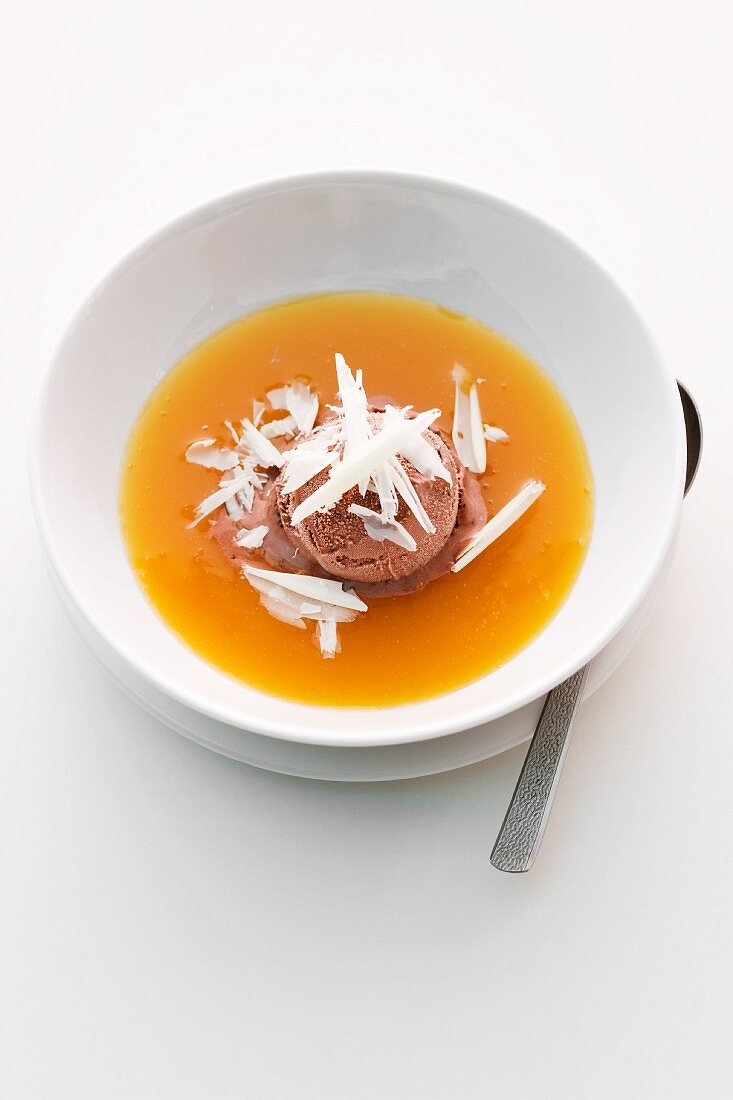 Orange soup with chocolate ice cream