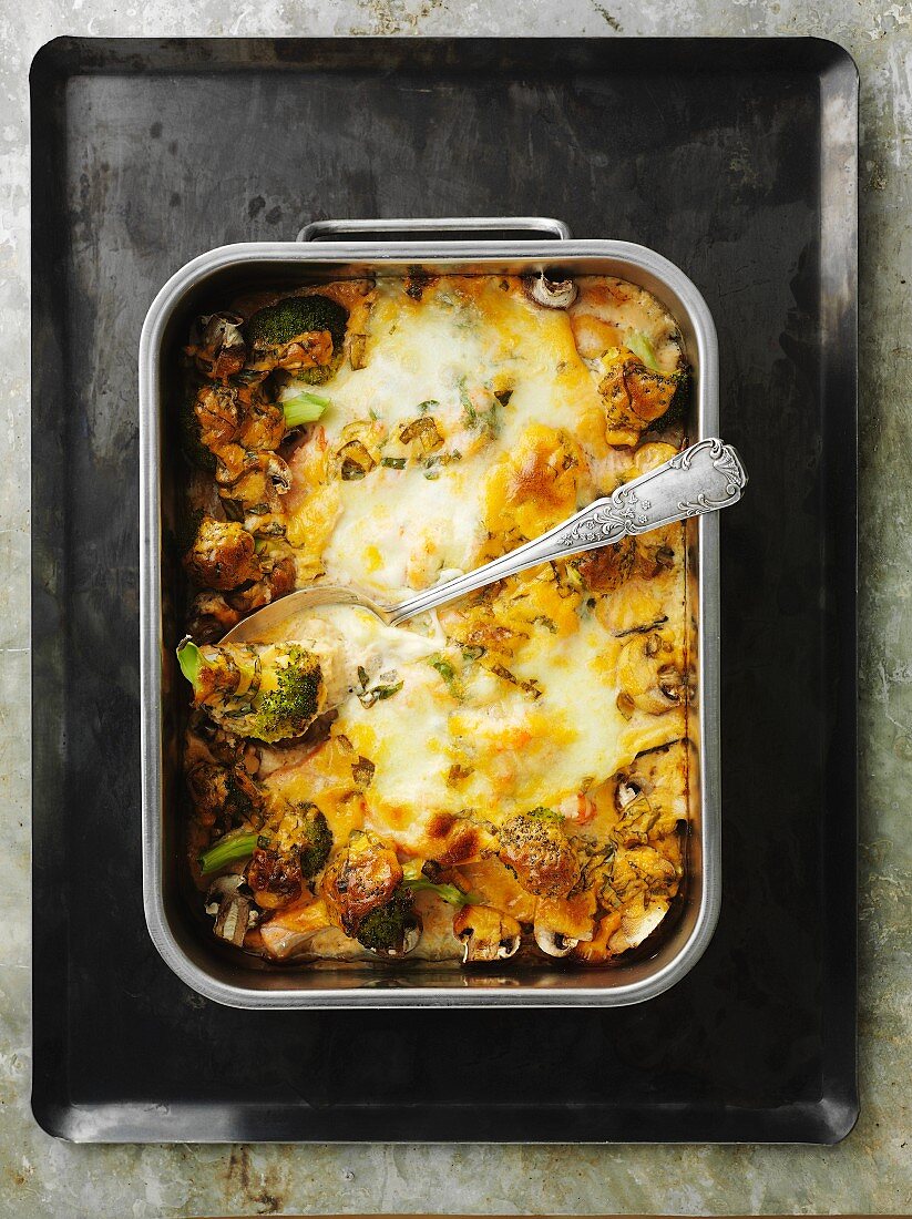 Salmon cheese bake with mushrooms and broccoli