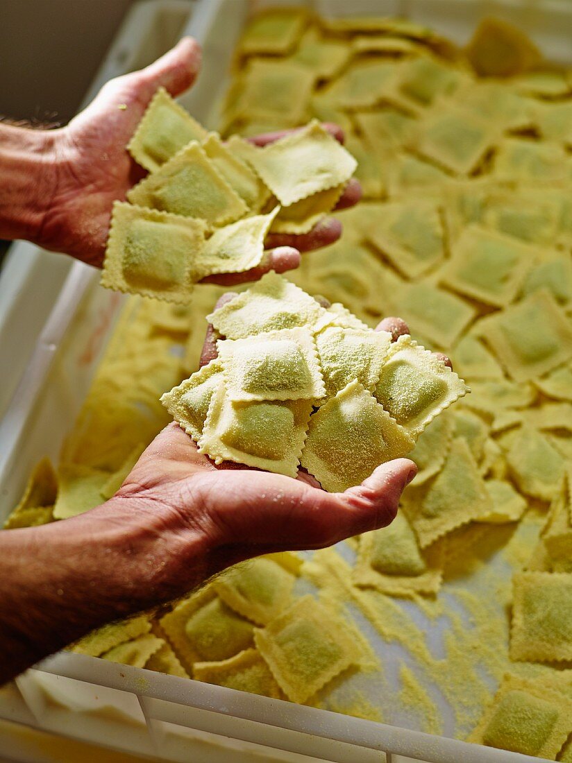 Hände halten selbstgemachte Ravioli