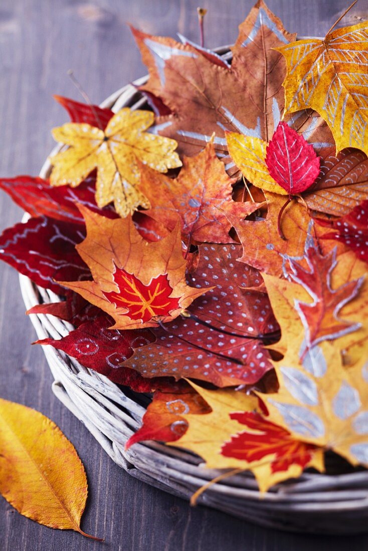 Wicker tray of colourful, dried and painted autumn leaves