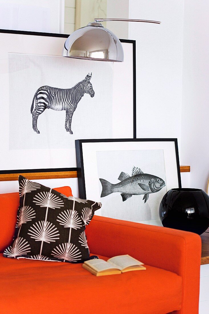 Black-framed animal graphics behind an orange sofa