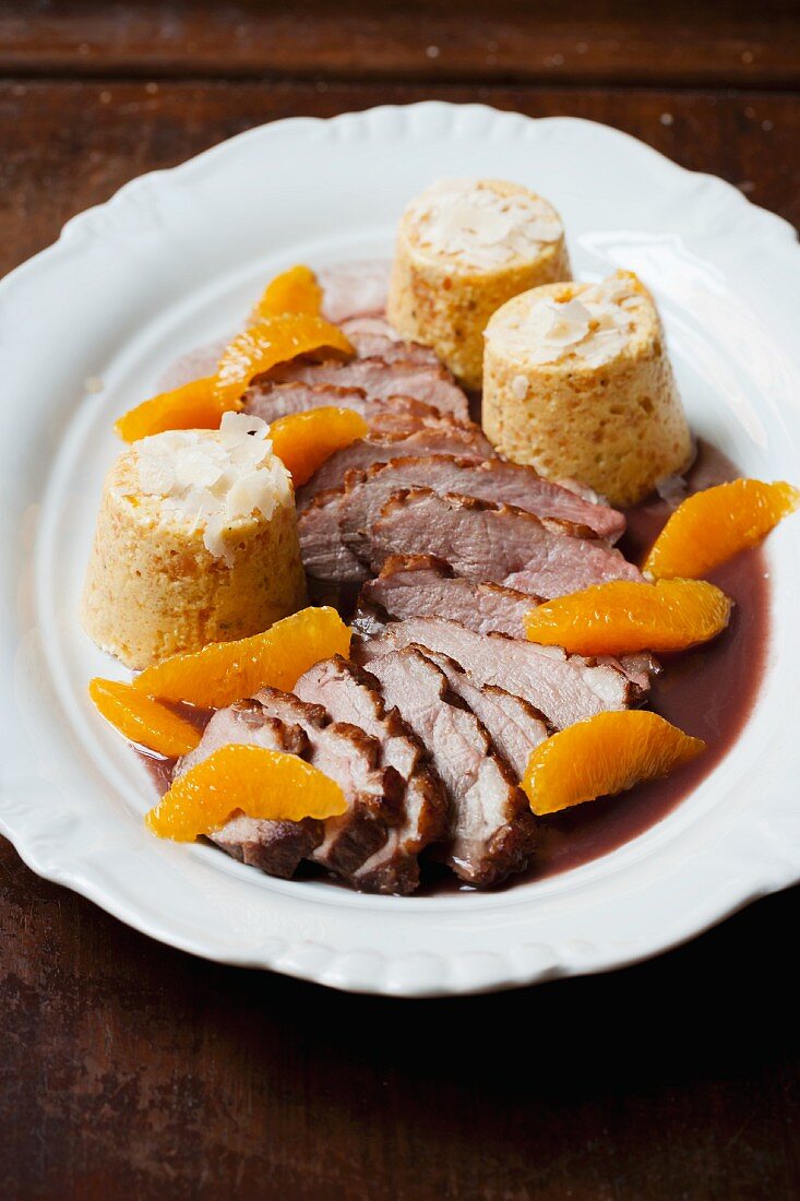 Duck breast with squash mousse and orange segments