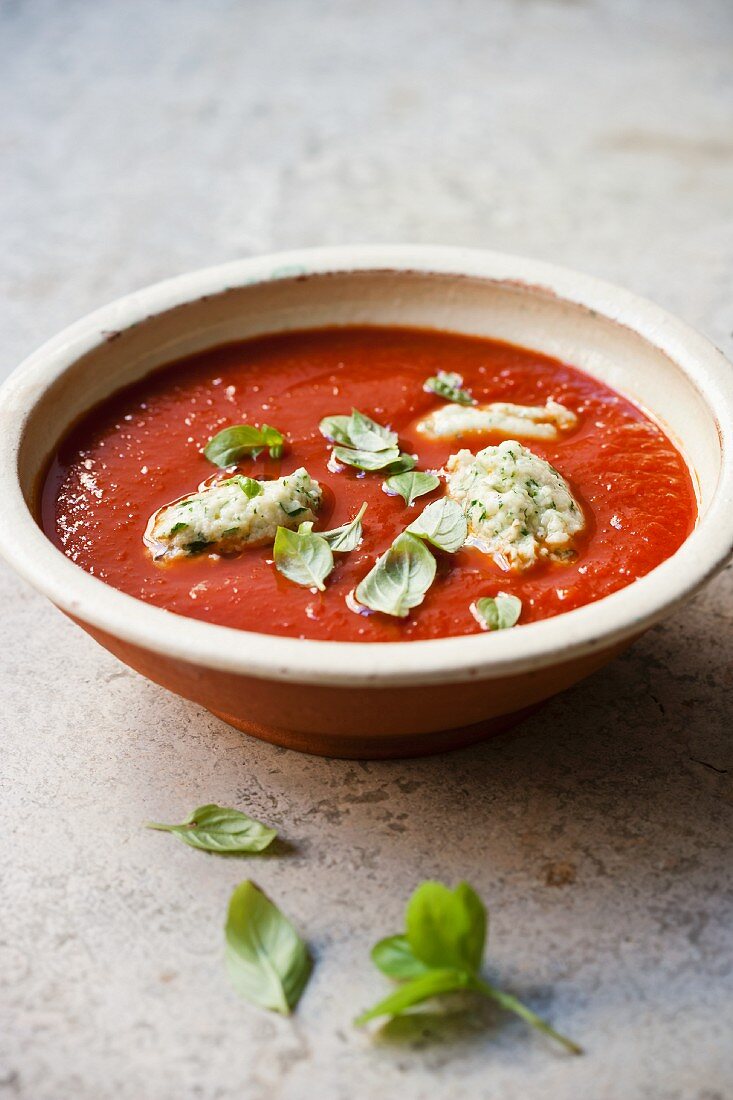 Tomato soup with basil dumplings