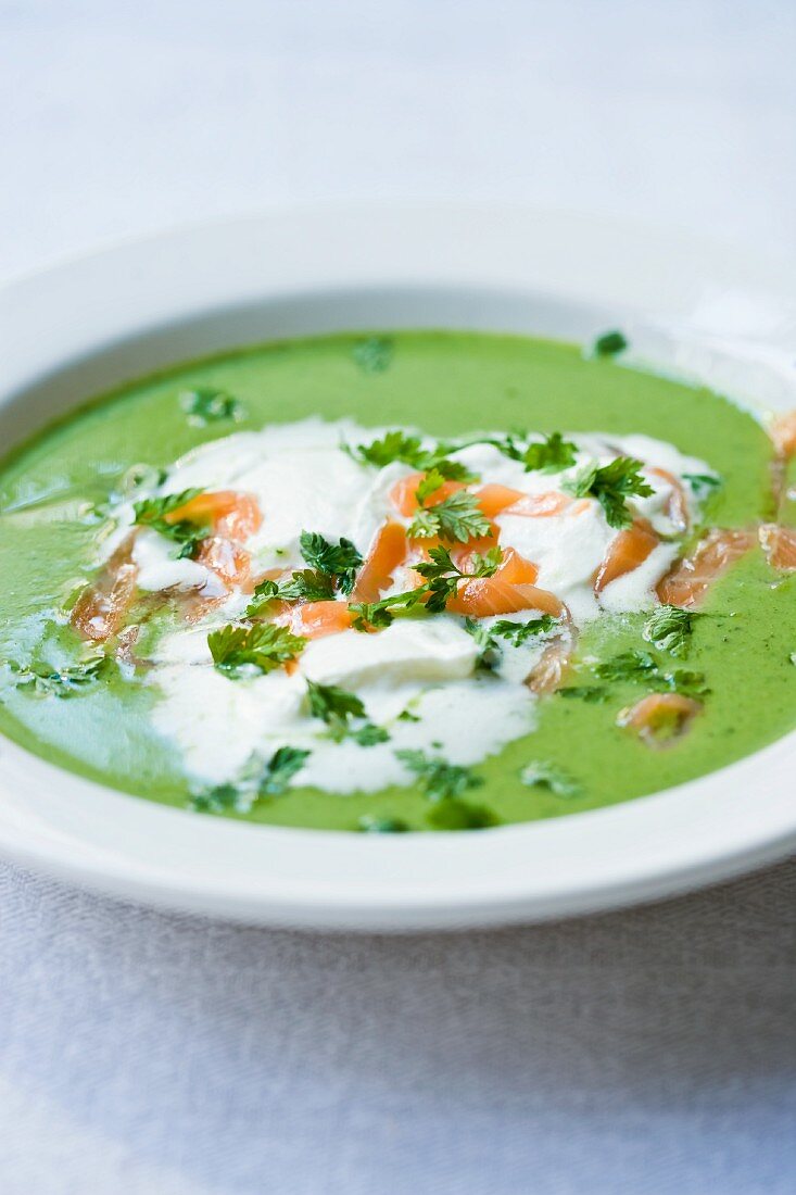 Mange tout soup with smoked salmon and chervil