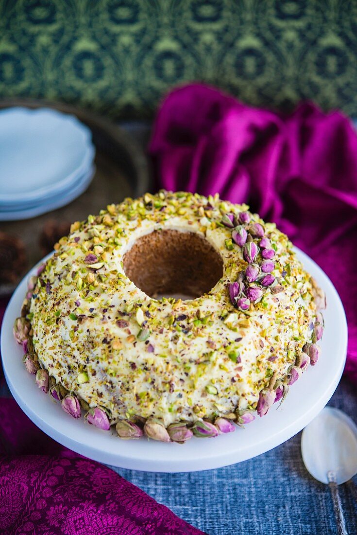 Pistachio Bundt cake with cardamom and rosewater