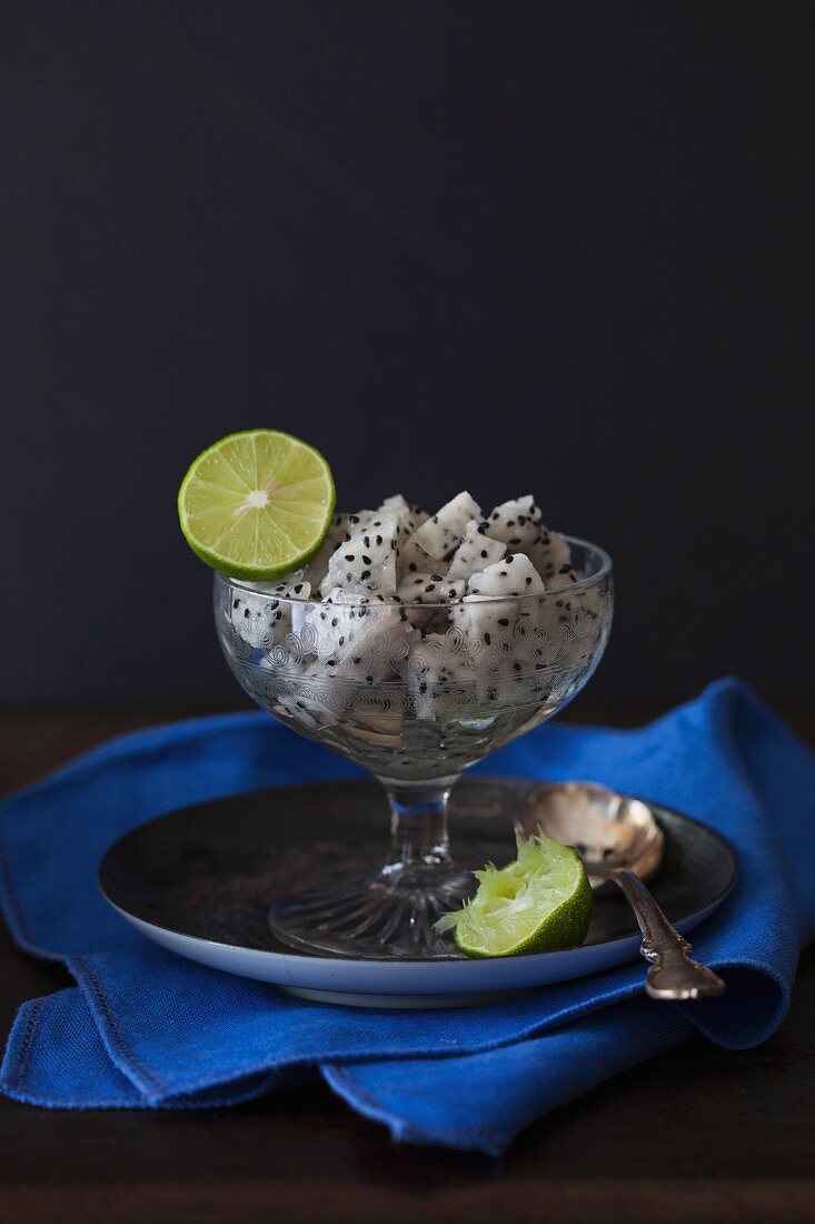 Dragon Fruit in glass with lime as dessert