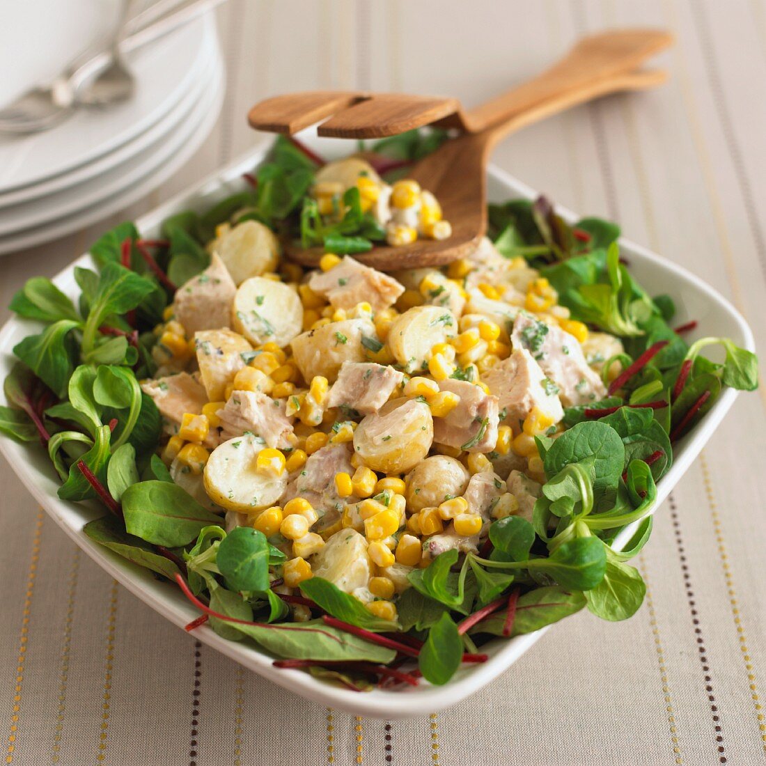 Potato salad with chicken, sweetcorn and lamb's lettuce