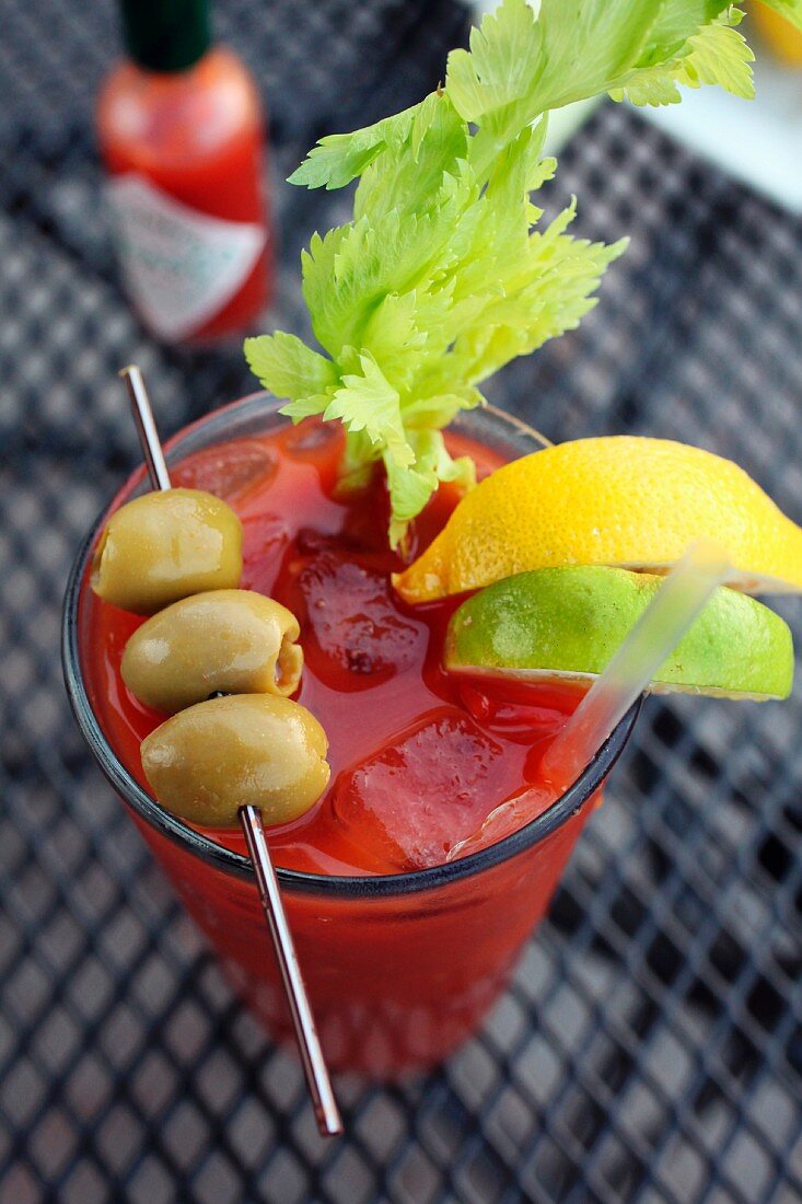 A bloody mary cocktail from above