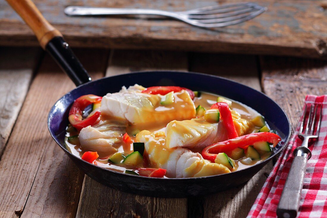 Pan-cooked fish with peppers and courgette