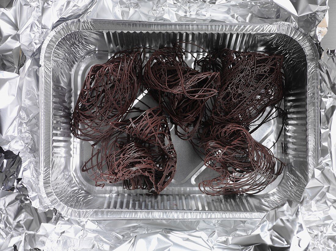 Chocolate nests in a foil tray