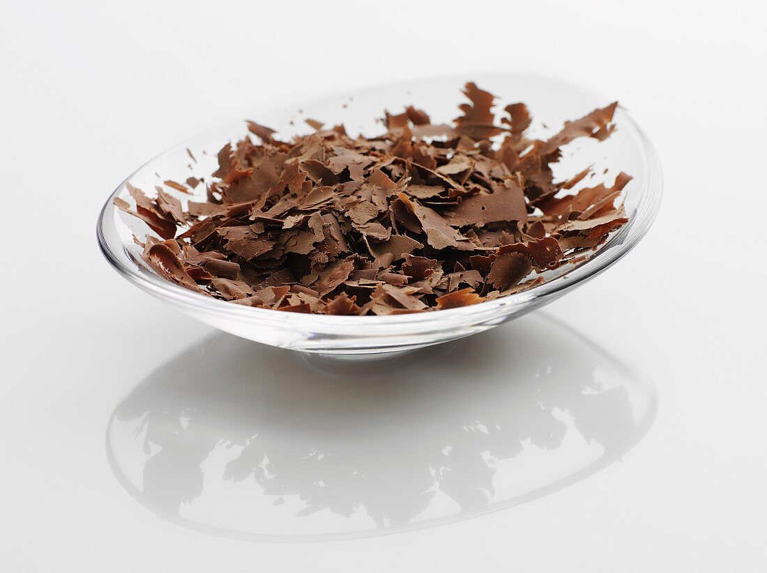 Chocolate shavings in a glass bowl