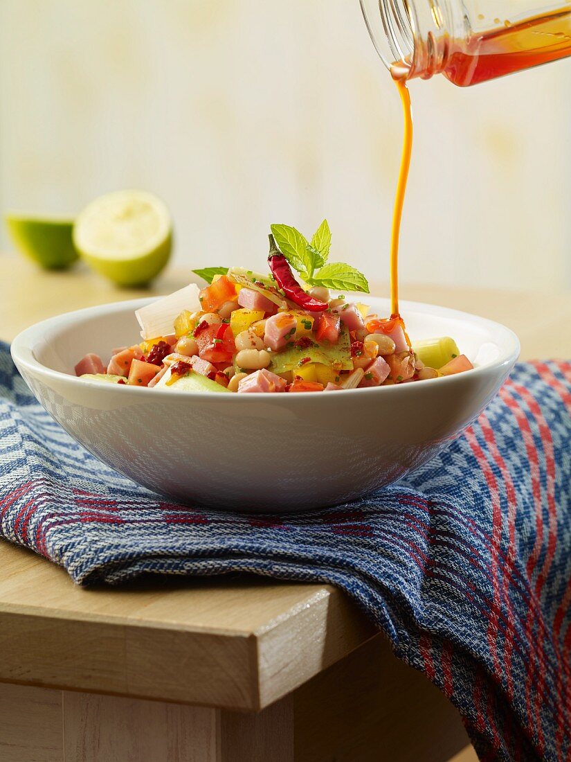 Colourful bean salad with chilli dressing