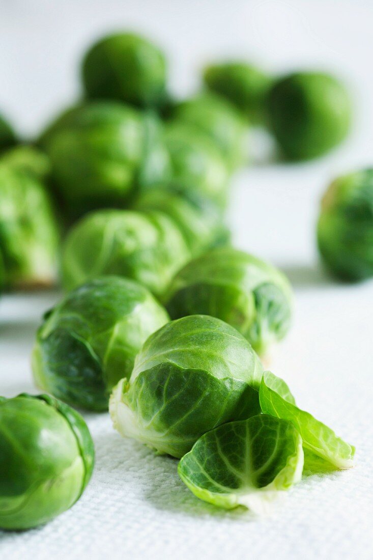 Brussels sprouts on a white surface