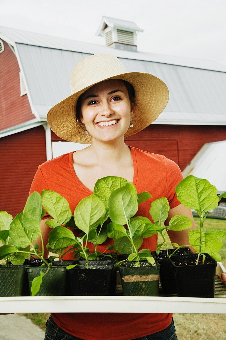 Woman holding tray of plants at farm