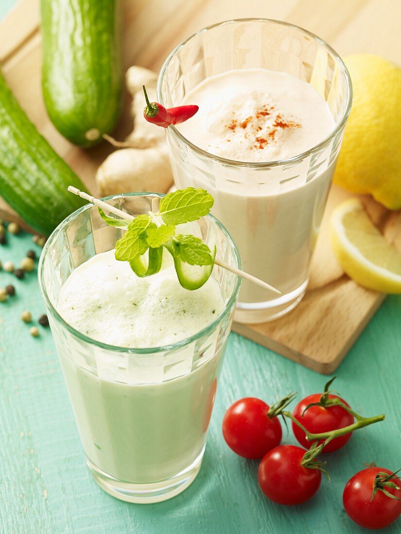 Savoury vegetable shakes with cucumber, tomato, chilli and ginger