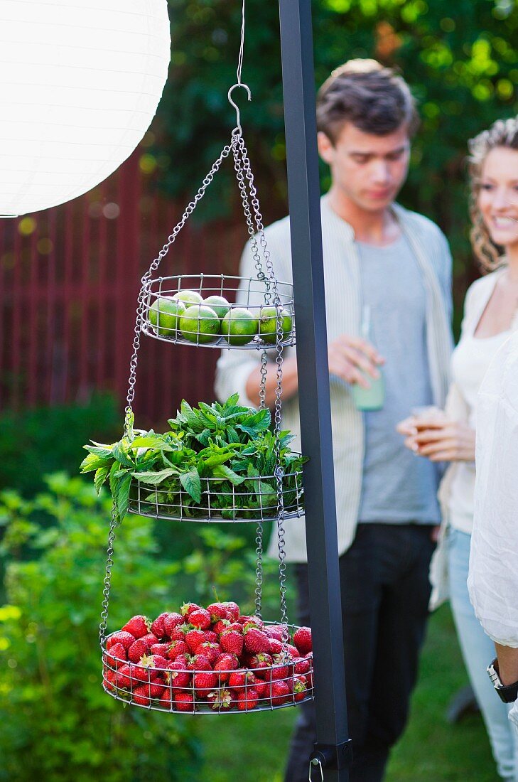A couple at a garden party with fruit and herbs in hanging in baskets in the foreground