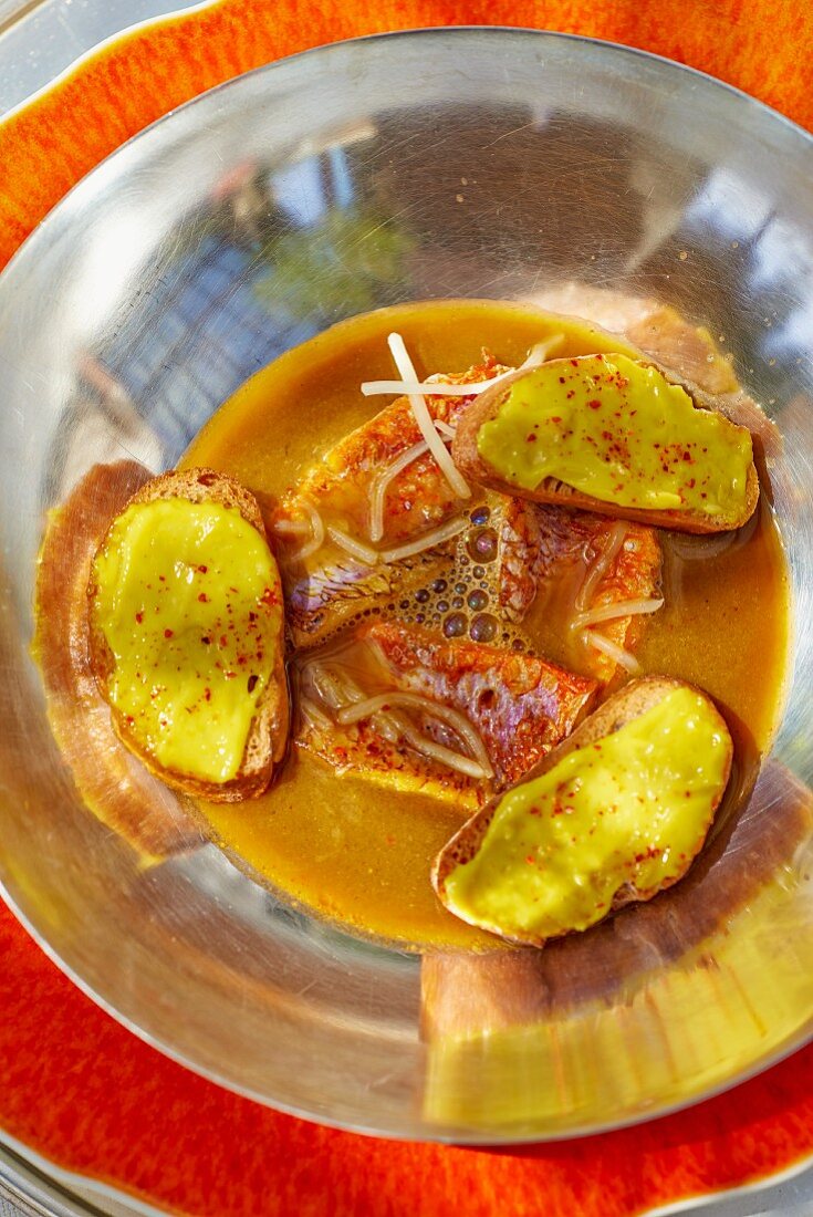 Red mullet soup with croutons and rouille