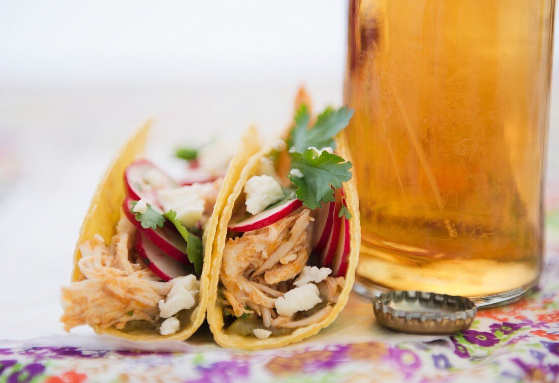 Beer and Mexican chicken tacos