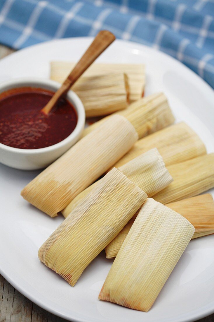 Close up of corn tamales and red sauce on plate