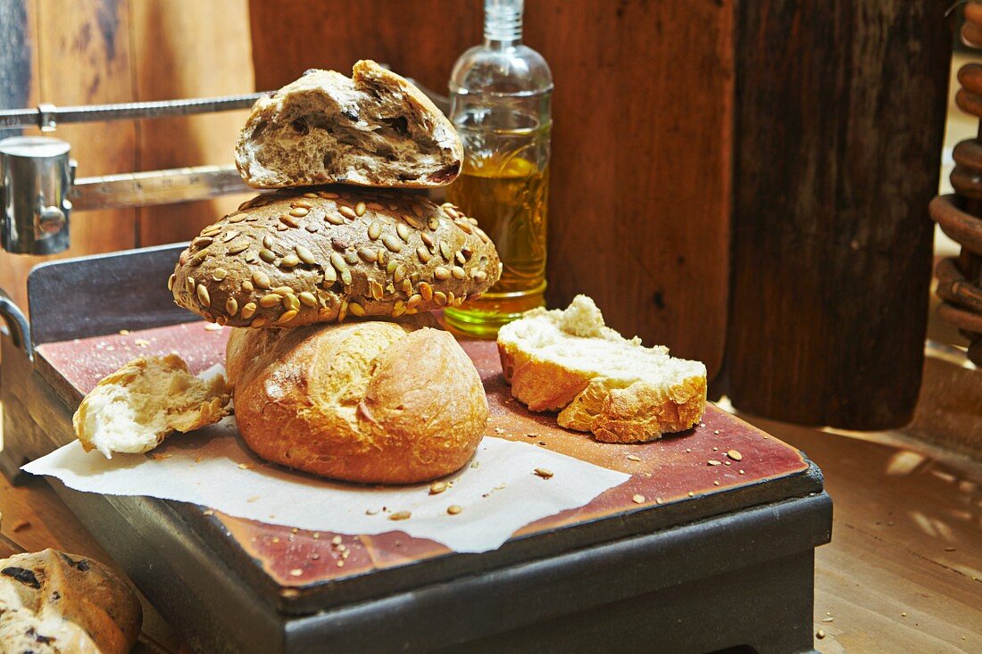 Assorted loaves in a bakery