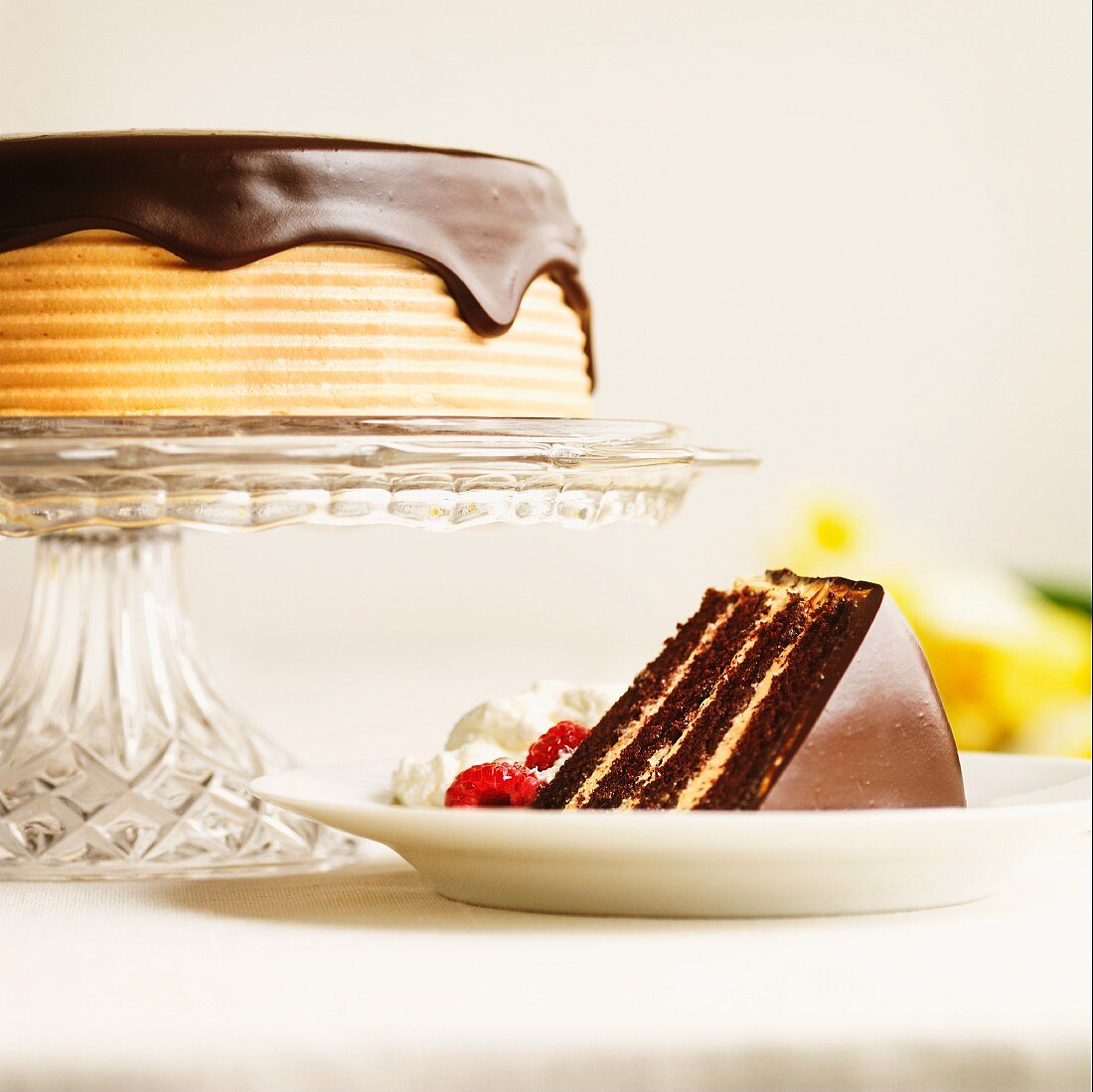 A slice of chocolate cake in front of a layer cake with chocolate topping