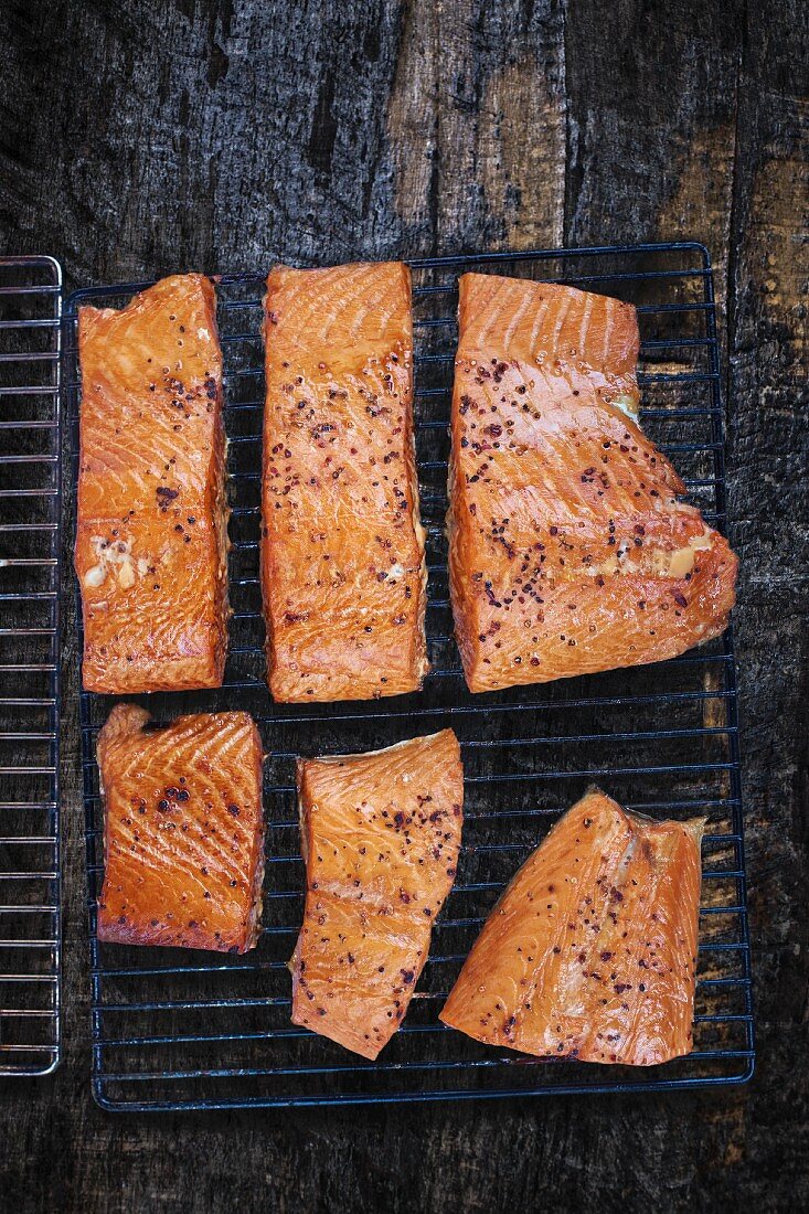 Smoked salmon on a wire rack