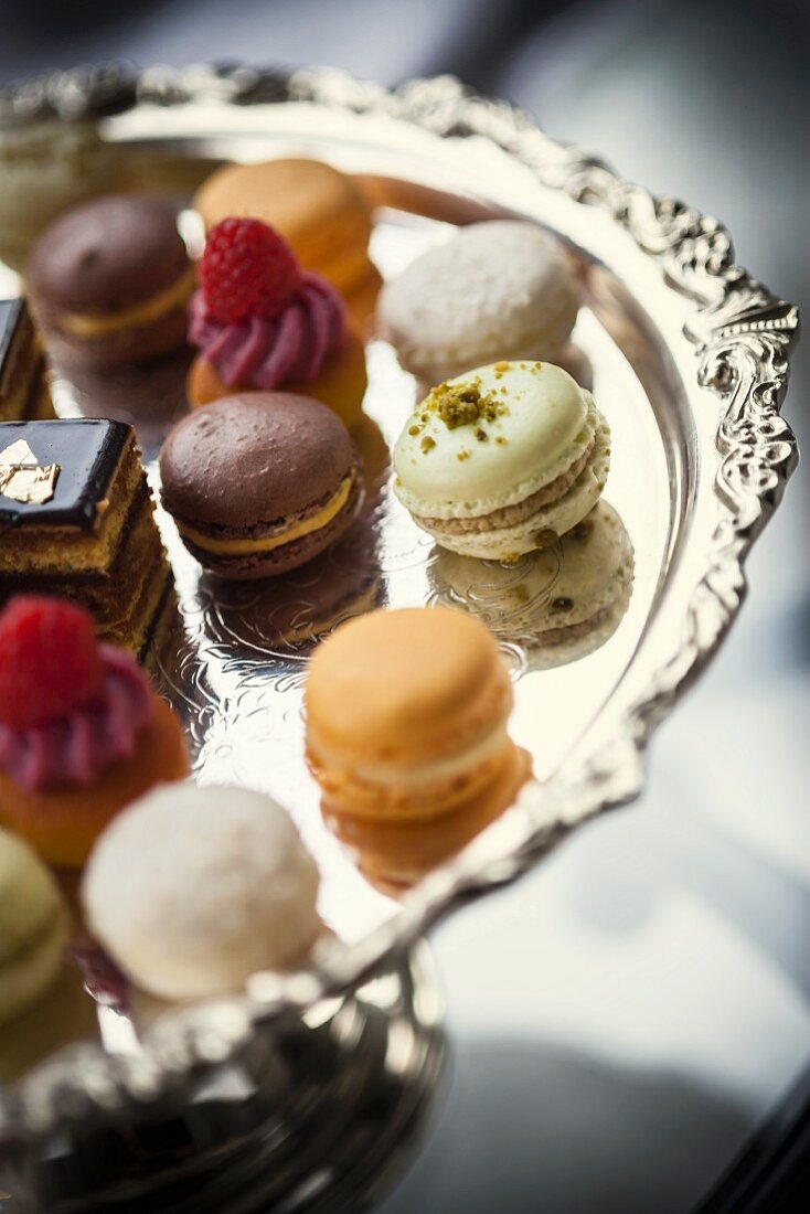 Assorted macaroons on a silver tray