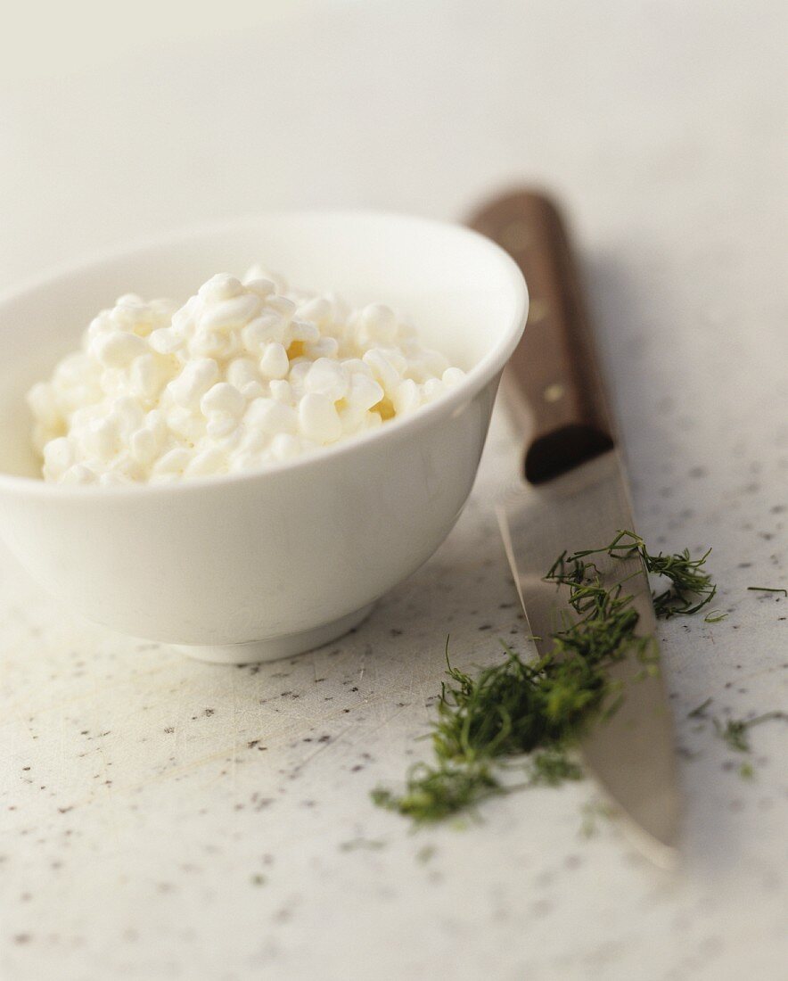 Cottage cheese in a bowl, with a knife and dill to one side