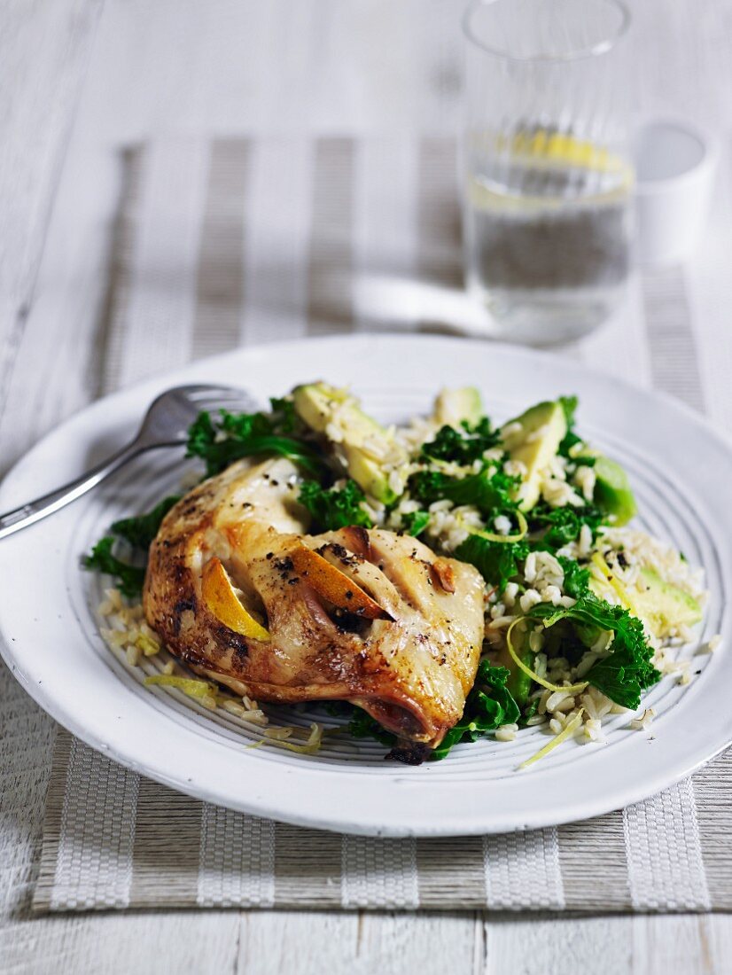 Lemon chicken with rice and kale