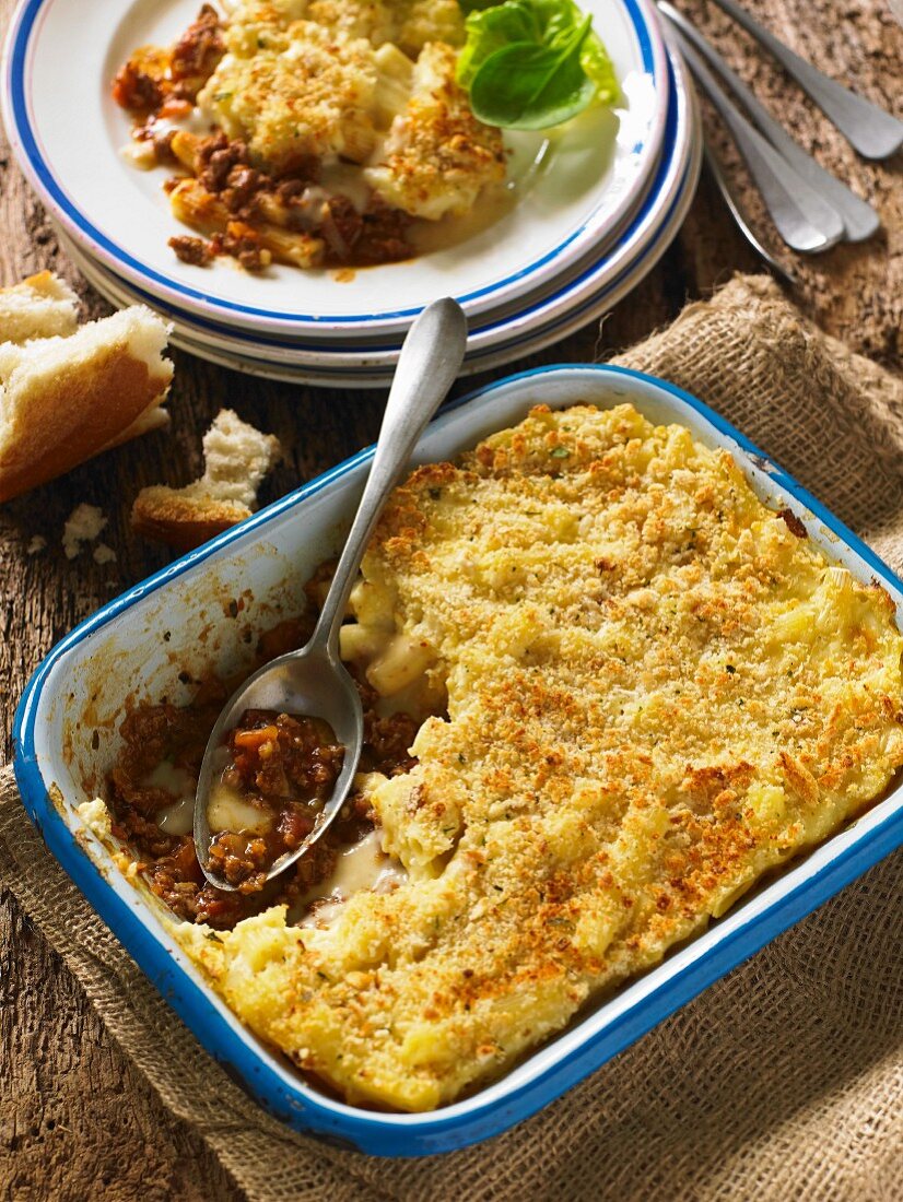 Cottage Pie in the dish and on a plate (England)