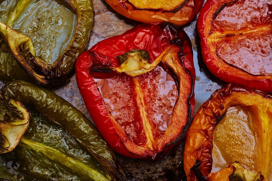 Roasted peppers on a baking tray