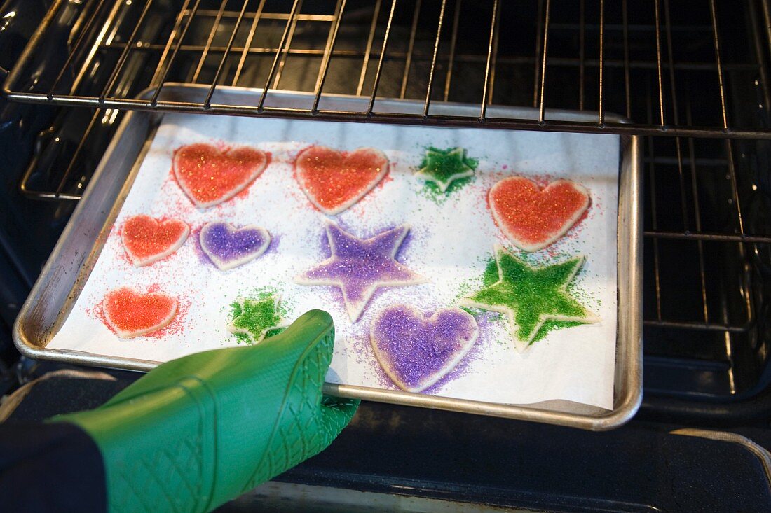 Pan of Sugar Cookies Being Placed in Oven