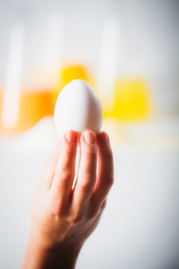 Hand hält ein Ei vor Laborflaschen mit Eigelb, Eiweiss und Eiermischung