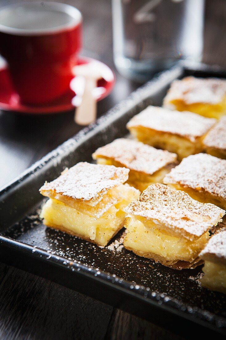 Bougatsa (breakfast pastries made from filo pastry and semolina pudding with cinnamon, Greece)