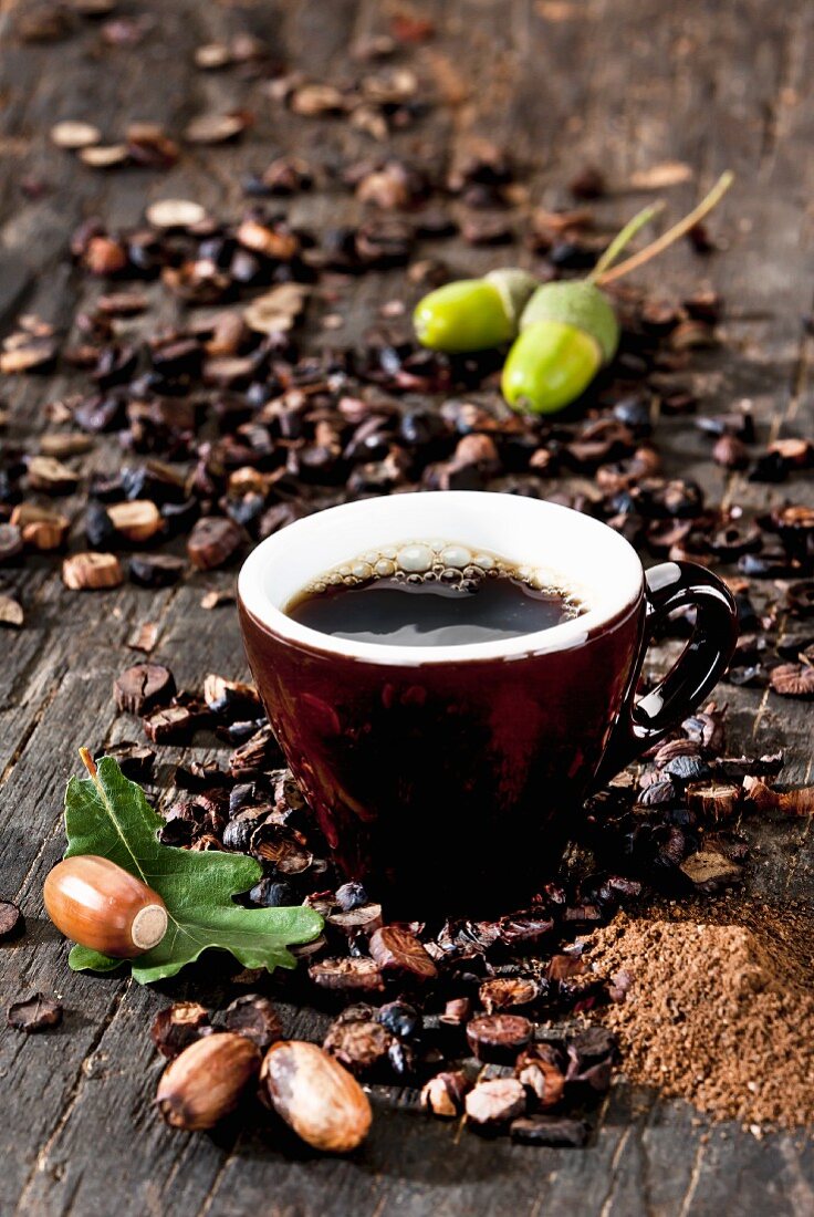 A cup of coffee made from roasted acorns