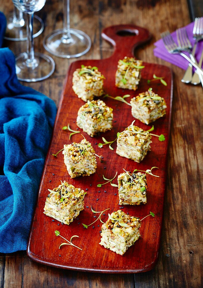 Frittata cubes with edible shoots