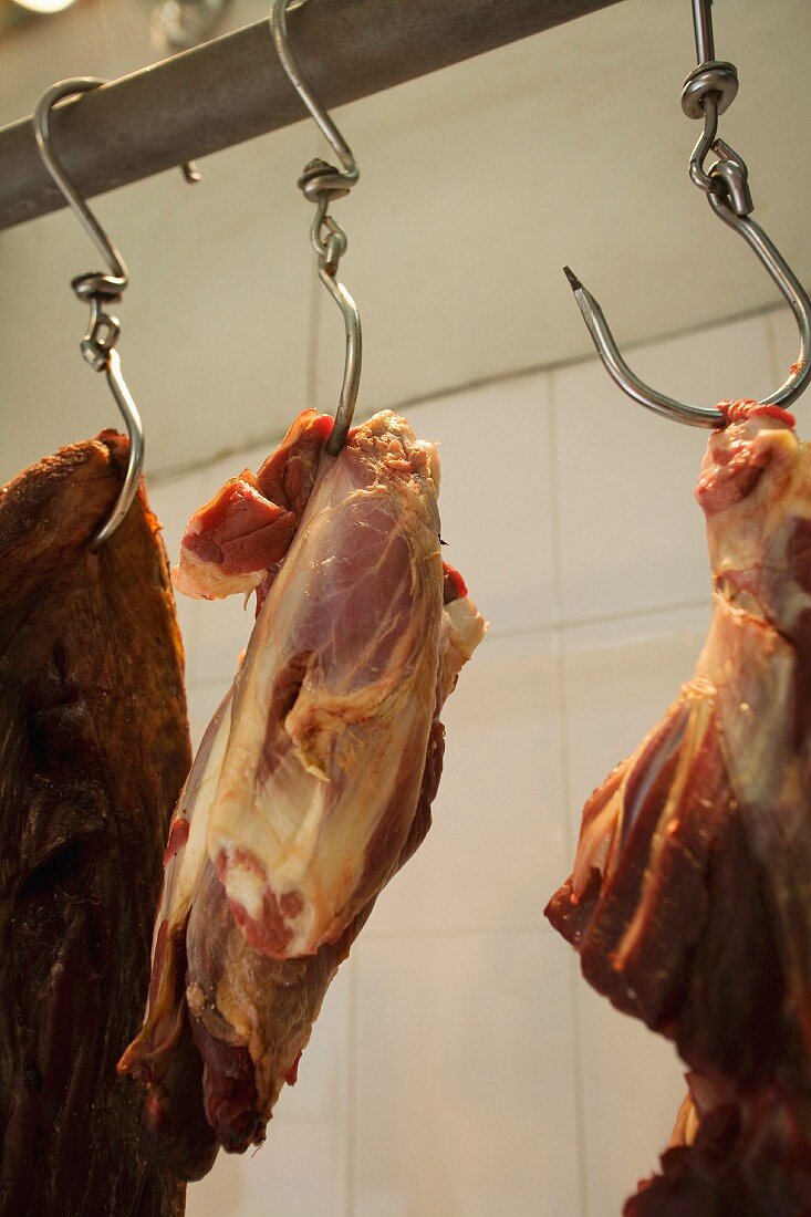 Raw meat on hooks, Close-Up